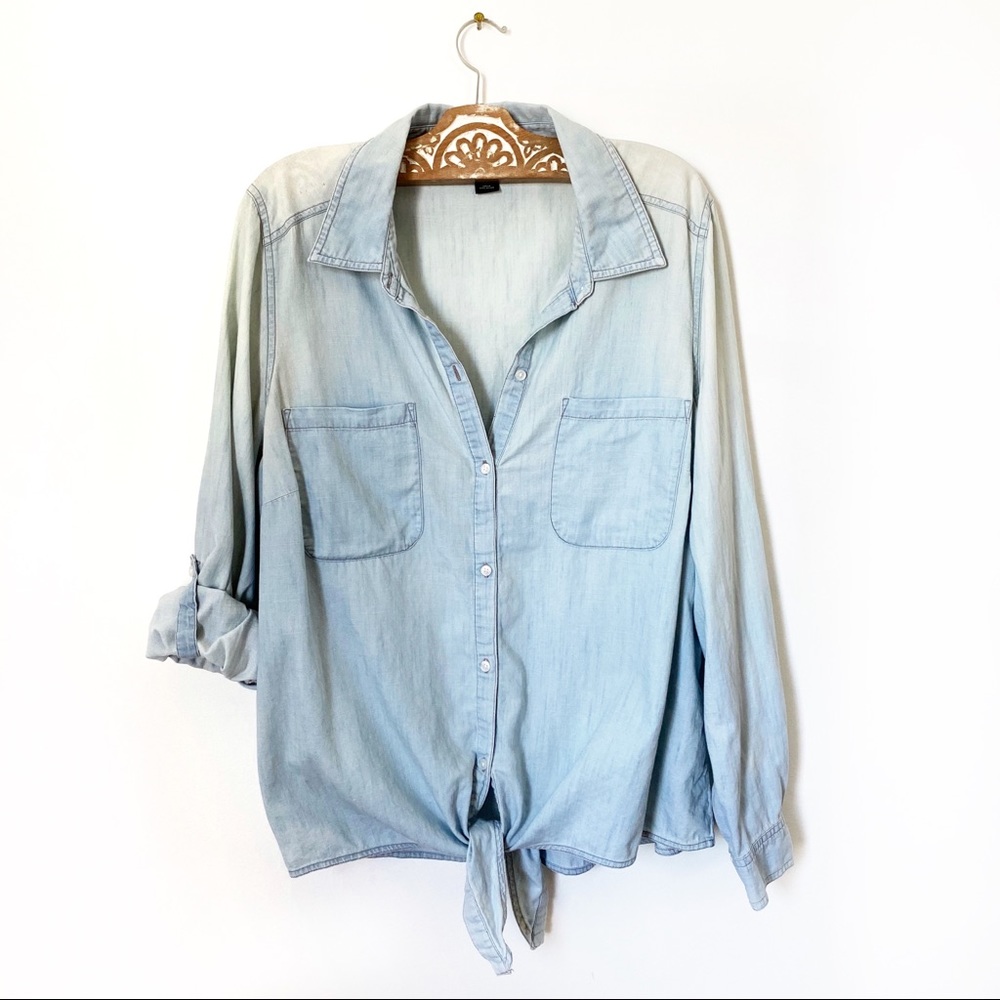 Style & Co Faded Chambray Button Top w/ Tie Front